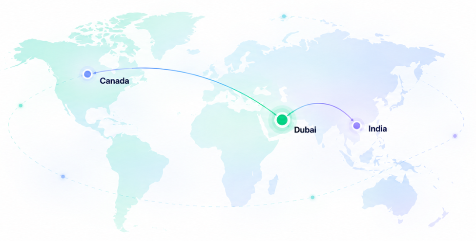 World map connecting GrowthSpell's teams in Canada, Dubai, and India