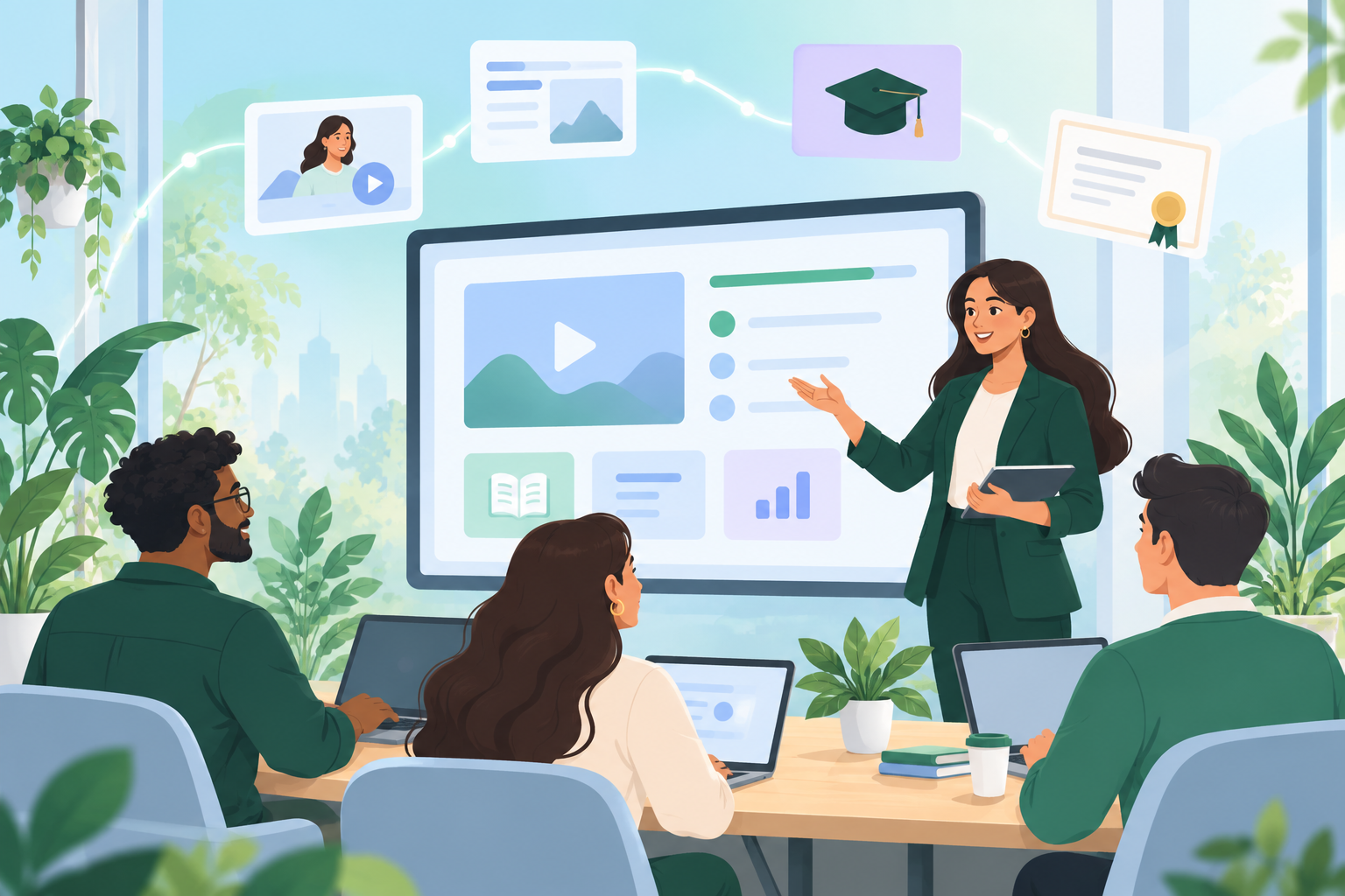 Corporate employees learning together with an instructor
