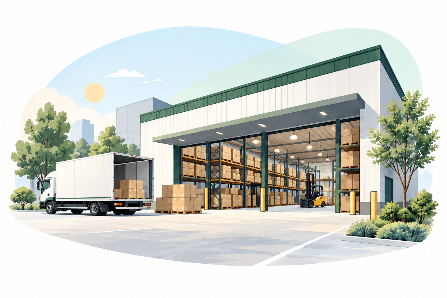 Trading warehouse with storage racks and a delivery truck