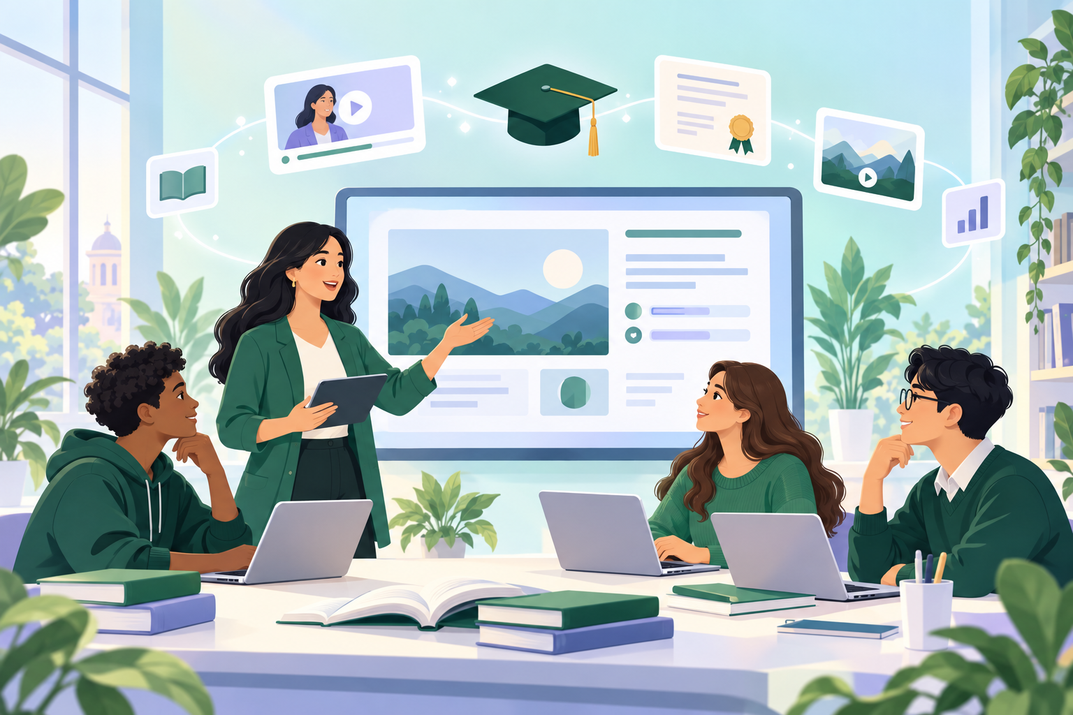 University students learning with a teacher