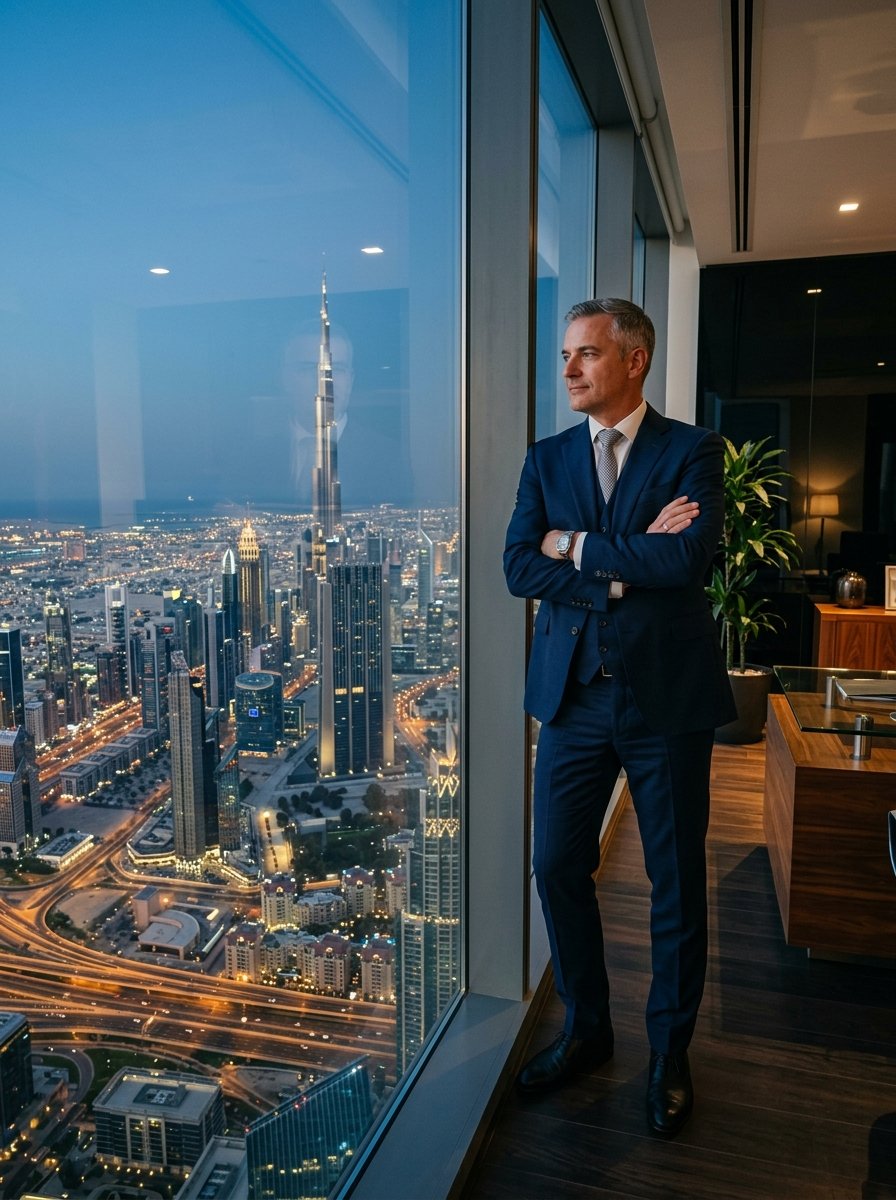 Foreign investor looking at Dubai skyline